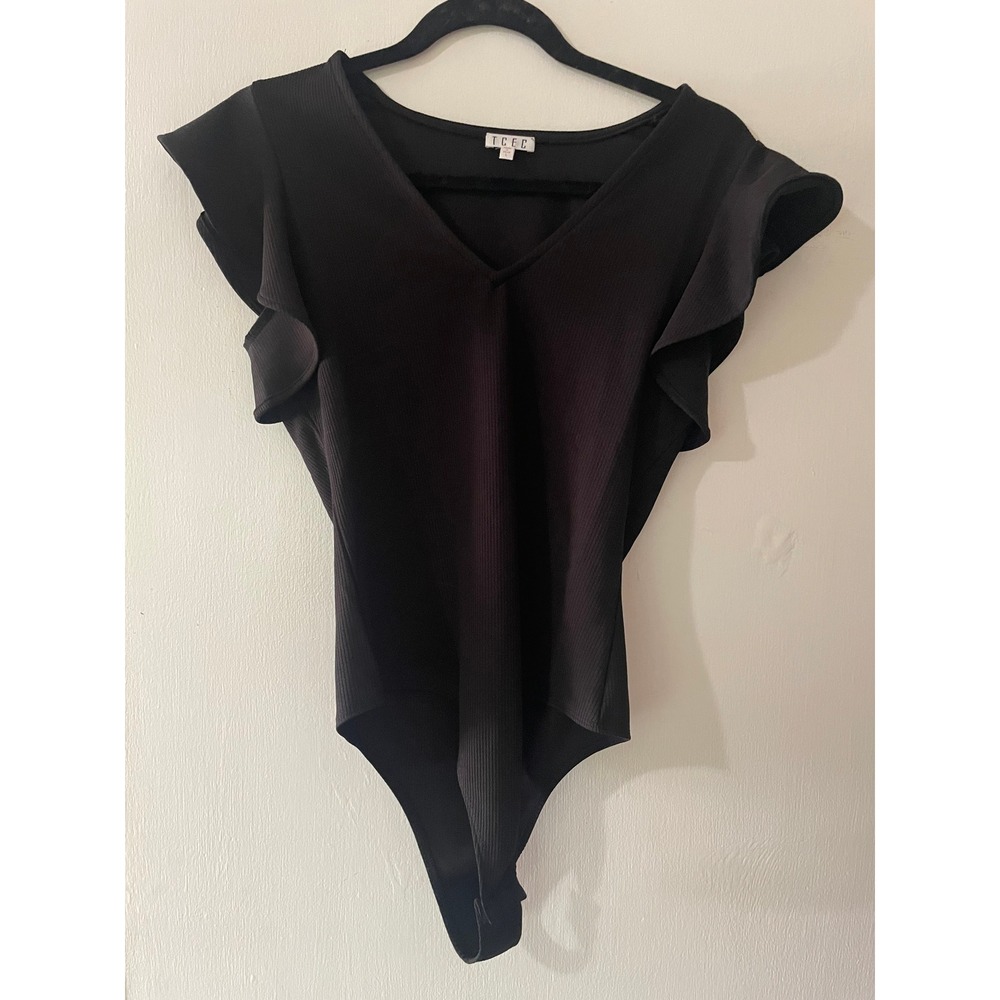 TCEC Women Black Ribbed Flutter Sleeve V-Neck Bodysuit Size L CT7371